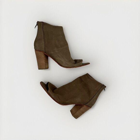 Free People Clearwater Peep Toe Booties‎ Women's 37 7 Suede Taupe Leather Block - Picture 1 of 9